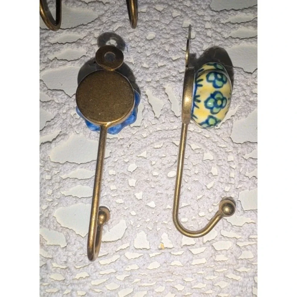 Vintage Hand Painted Ceramic Wall Hooks‎ Floral Brass Robe Coat Hooks Set of 10
